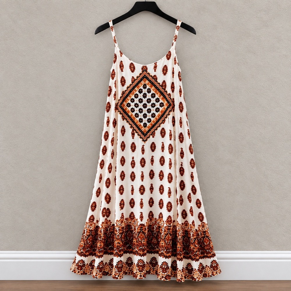 Pinky Boho Swing Dress Womens Small Paisley Print Lined Spaghetti Strap NWT